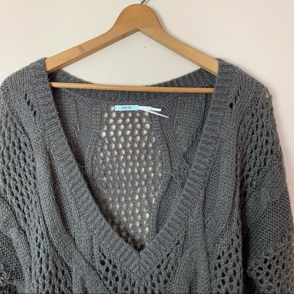 [Kimchi Blue] Dark Brown V-neck Open Knit Mohair Long Sleeve Tunic Sweater - Picture 2 of 9